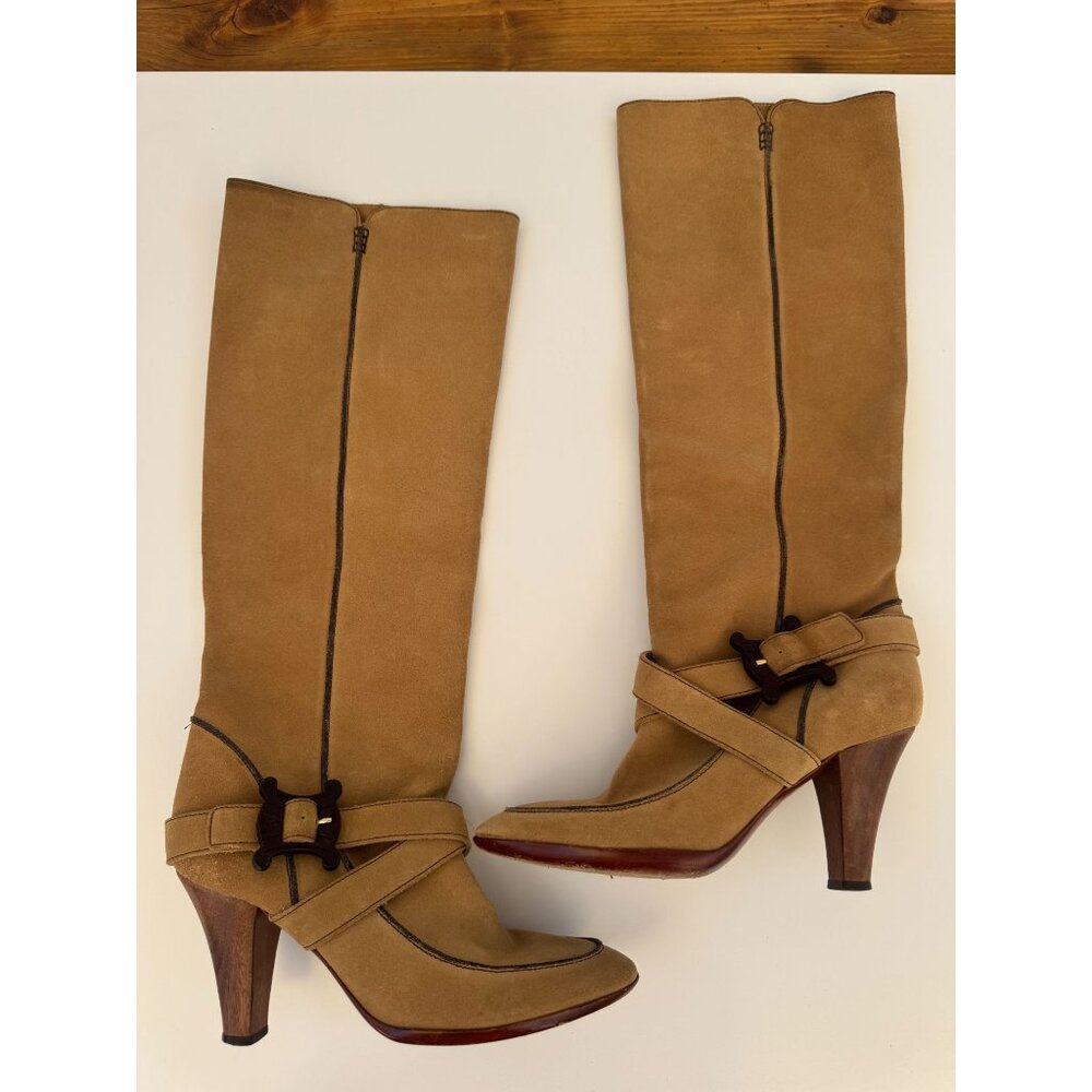 Vintage Celine Tan Knee-High Suede Heeled Boots With Strap & Buckle Detail